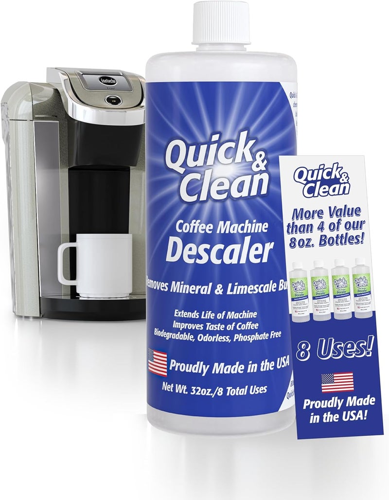 QUICK CLEAN 32oz. Descaler (8 Total Uses) - Made in the USA - Descaling Solution for Nespresso, Ninja, Delonghi, All Other Coffee and Espresso Machines… - Image 1